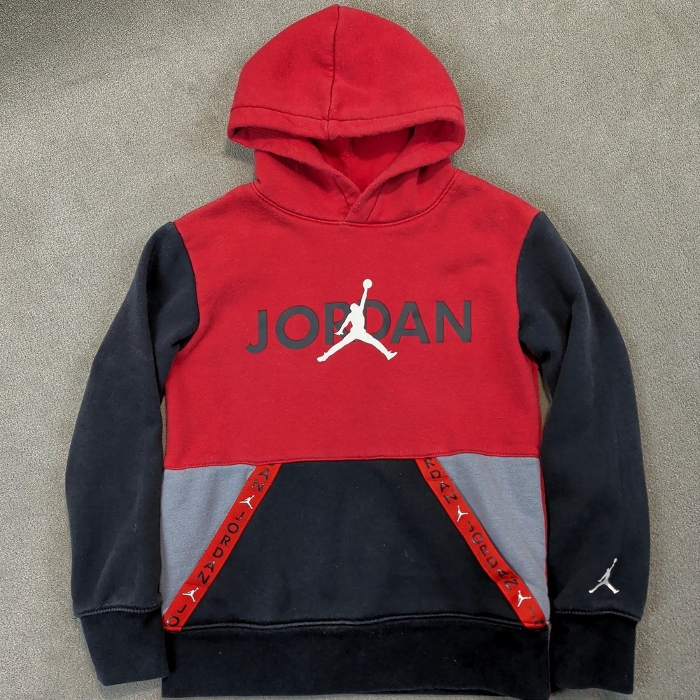 Jordan Hoodie Boys Size S 8-10 Red Black Grey Jumpman Fleece Pullover Sweatshirt